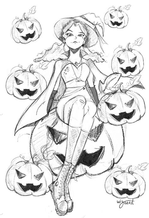 Pumpkin Queen Art, Witch Boots Drawing, Holding Pumpkin Pose Reference, Halloween Girl Drawing, Witch Poses Reference Drawings, Witch Lineart, Spooky Inktober, Jackolantern Drawing, Witch Inktober