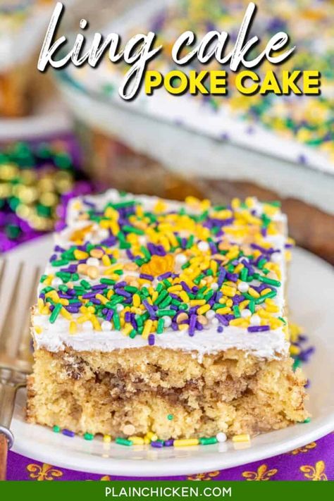 King Cake Poke Cake - Plain Chicken Cake Poke, Mardi Gras Desserts, King Cake Bites, Mardi Gras Cake, King Cake Recipe, Mardi Gras King Cake, Mardi Gras Food, King Food, Plain Chicken