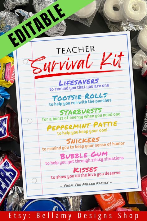 Editable Teacher Survival Kit Tag. #bellamydesignsshop #bellamydesigns #teacherappreciation #teachersurvivalkit #teachergift #backtoschool #welcomebacktoschool #1stdayofschool #backtoschoolgoodybag #sundayschool #church #backtoschoolsurvivalkit #ptogift #ptagift #schoolsurvialkit #backtoschooltreattag #staffappreciation #thankyoutreatcard #goodiebagtag #survivalkit #schoolstaff #schoolhero #goodybagidea #backtoschooltreat #teacherappreciationgift #teachertreattag #teachergift #teachergiftbasket Christian Back To School Survival Kit, Church Back To School Gift, Back To School Blessing Bags, Fun Back To School Gifts For Kids, Christian Back To School Gifts For Kids, Back To School Church Ideas, Back To School Bash Ideas For Church, Back To School Goodie Bags, Back To School Survival Kit