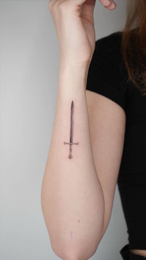 Finger Tattoo Swords, Minimalist Tattoo Swords, Broadsword Tattoo, Claymore Tattoo Swords, Riptide Tattoo, Side Of Forearm Tattoo Women, Ataraxia Tattoo, Elvish Tattoo, Delicate Tattoos For Women