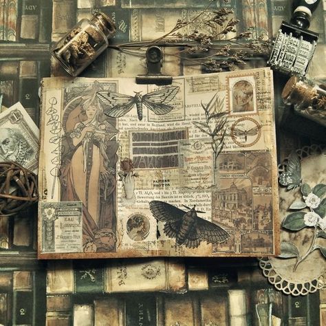 Art Journaling Aesthetic, Dream Book Ideas, Dark Journal Aesthetic, Grunge Journal Ideas, Dark Academia Journal Aesthetic, Scrapbook Calligraphy, Fantasy Journal Pages, Visual Journal Inspiration, Vintage Junk Journal Ideas