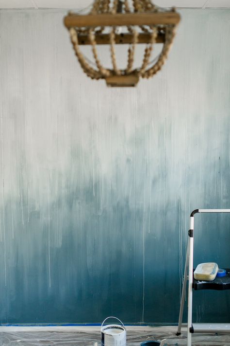 Ombre' Blue Accent Wall:: The Flat – Cottonwood Shanty Ombre Painted Walls, Faux Brick Accent Wall, Blue Velvet Headboard, Ombre Paint, Large Gallery Wall, Blue Accent Walls, Ombre Wall, Accent Wall Paint, Diy Ombre