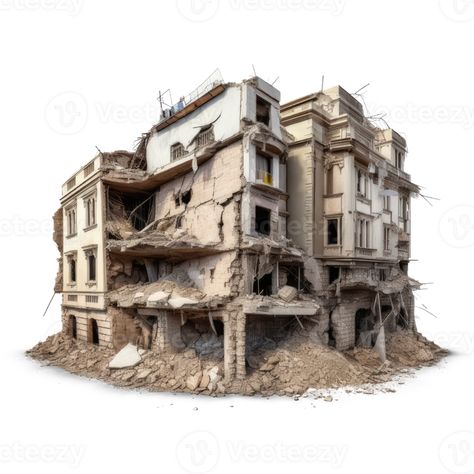 Destroyed building after earthquake isolated on transparent background - Demolished building. Destroyed Building, Thumbnail Background, Apocalypse Art, Matte Painting, Drawing Reference Poses, Free Png, Transparent Background, Royalty, This Is Us