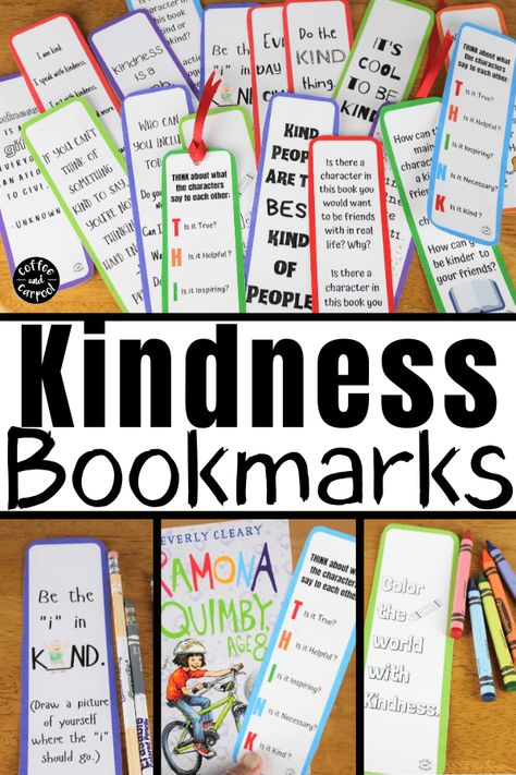 These kindness bookmarks will encourage kids to be kind while reading kindness books and books with characters who aren't so kind. These kindness bookmakrs for kids are interactive and great for classrooms, school libraries, public libraries and for families #kindnessbookmarks #kindnessbookmarksforkids #kindnessactivitiesforkids #kindnessactivities #booksmarksforschoollibrarians Teacher Kindness Ideas, Schoolwide Kindness Project, Acts Of Kindness At School, Kindness Crew Ideas, Kindness Themes For School, School Kindness Ideas, Each Kindness Book Activities, Kindness Club Activities For Kids, Kindness Club Ideas For Elementary School