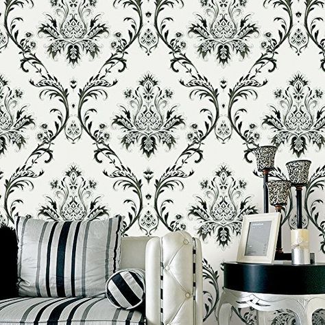 Wallpaper Patton Wallcovering Black and White 2 BW28706 - - Amazon.com Black Elegant Wallpaper, Elegant Wallpaper For Bedroom, Euro Wallpaper, Silver Wall Decor, Bedroom Sitting Room, Wallpaper For Bedroom, Thick Wallpaper, Cute Bedding, Elegant Wallpaper