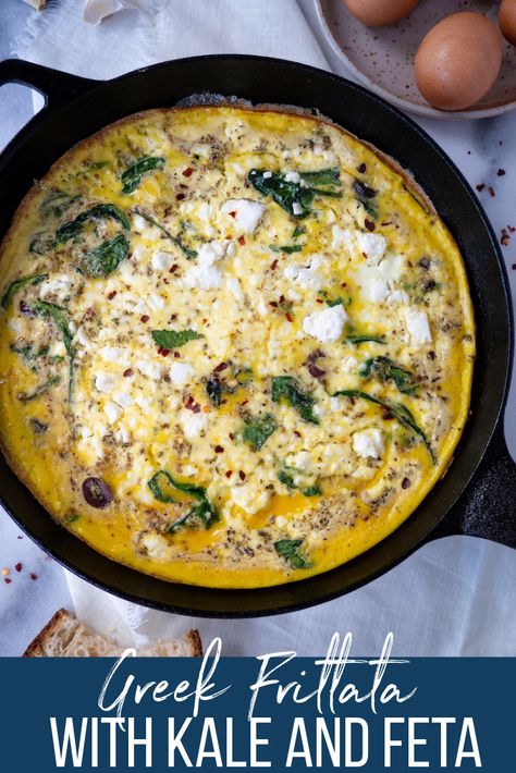 This Greek frittata with kale is the BEST for a simple and satisfying dinner! #kale #frittata #breakfast #brunch #vegetarian #glutenfree Kale Frittata Recipes, Fritatta Recipe Breakfast Healthy, Kale Eggs Breakfast, Breakfast With Kale, Kale And Eggs Breakfast, Kale Breakfast Recipes, Kale Recipes Dinner, Kale Omelette, Kale Eggs