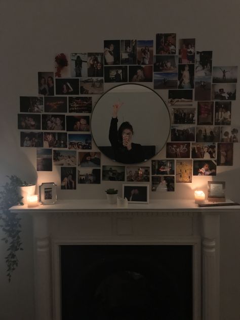 Mirror Design Wall Asthetic, Mirror With Polaroids Around It, Round Mirror Bedroom Aesthetic, Photo Collage With Mirror, Posters Around Mirror, Mirror With Photos Around It, Photo Wall Collage Bedroom Inspiration, Mirrors Ikea, Polaroid Wall Decor