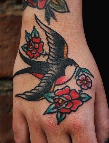 Swallow Hand Tattoo, Traditional Hand Tattoo, Side Hand Tattoos, Hand Tattoo Designs, Sparrow Tattoo, Traditional Style Tattoo, Stylish Tattoo, Traditional Tattoo Sleeve, Old School Tattoo Designs