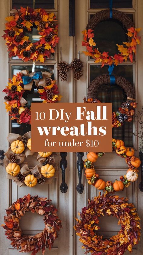 A collection of colorful DIY fall wreaths adorns a wooden door. Made with leaves, pinecones, and mini pumpkins, they convey a festive autumn feel. Apple Wreath Diy, Diy Autumn Wreaths, Diy Fall Wreath Ideas, Diy Fall Wreaths, Fall Wreath Ideas, Apple Wreath, Easy Fall Wreaths, Living Wreath, Fall Swags