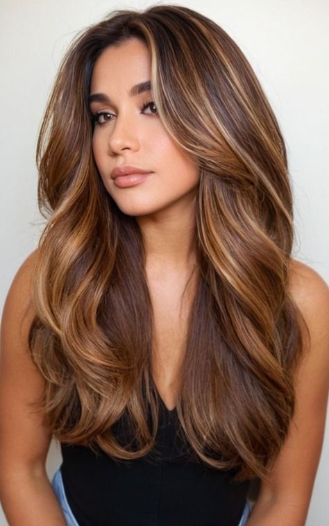 Caramel And Honey Blonde Highlights, Brown Hair With Bold Money Piece, Honey Copper Highlights, Light Brown Hair With Honey Highlights Golden Blonde, Honey Hair With Highlights, Warm Honey Brown Hair Balayage, Caramel Brown Hair Honey, Latina Hair Color Ideas Olive Skin, Brown Hair With Honey Highlights