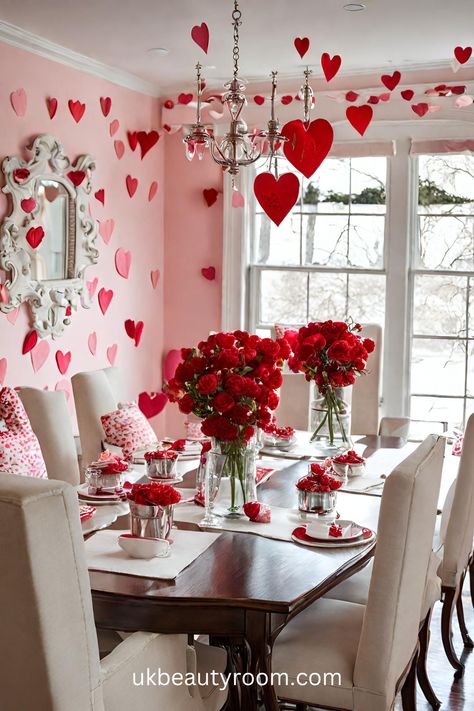 13 Simple Ideas for Valentine's Day Decorations Decoration For Valentines Day Room, Spring Day Decor Ideas, Valentine House Decor, Valentines Day House Decor, Room Decorated For Valentines Day, Decorating Hotel Room For Valentines Day, Valentines Day Home Decor, Valentine’s Day Dance Decorations, Valentine’s Day Banquet Decorations