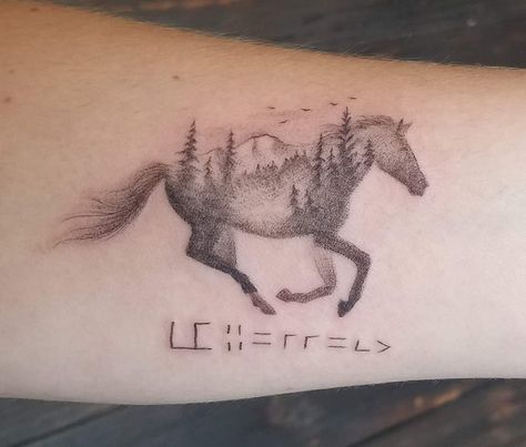 Horse With Mountains Tattoo, Horse And Mountain Tattoo, Horse Mountain Tattoo, Wild Horse Tattoo Design, Horse Symbol Tattoo, Paint Horse Tattoo, Wild Mustang Tattoo, Horse Tribute Tattoo, Appaloosa Tattoo