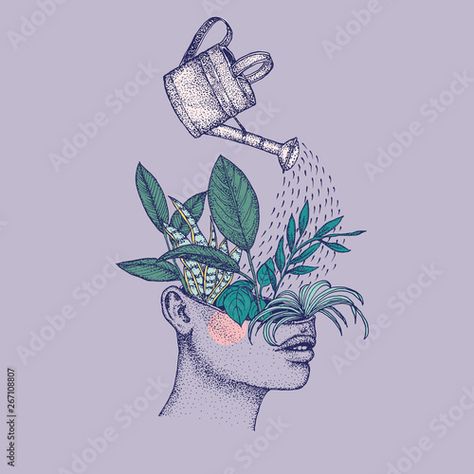 Stock Image: Illustration of watering can pouring over plants growing in head Water Yourself Tattoo, Water Yourself, Guide To Meditation, Nature Letters, Sunflower Drawing, Plants Growing, Plant Tattoo, Plant Drawing, Plant Illustration