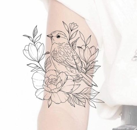 Robin Flower Tattoo, Floral Dove Tattoo, Dove With Flowers Tattoo, Bird Tattoo Designs For Women, Dove Tattoo Design For Women, Birds And Flowers Tattoo, Robin Tattoo Design, Blackbird Drawing, Fine Line Bird Tattoo