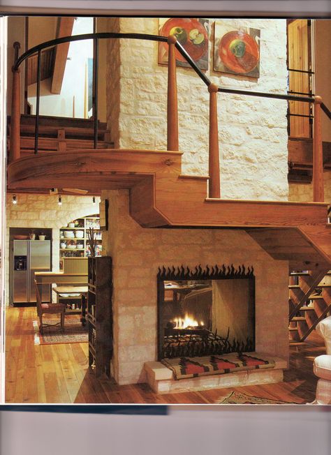 I love this - stairs wrap around the fireplace which makes good use of the deadzone under the stair, creates a central unifying architectural element, AND allows the staircase to be longer so that there are only 2-3 steps between landings (great for our aging bodies that still want to climb stairs) Not So Big House, Stair Landings, Fireplace Mantel Designs, Staircase Landing, Wood Fireplace Mantel, Mantel Design, Natural Homes, Old Picture Frames, Austin Homes