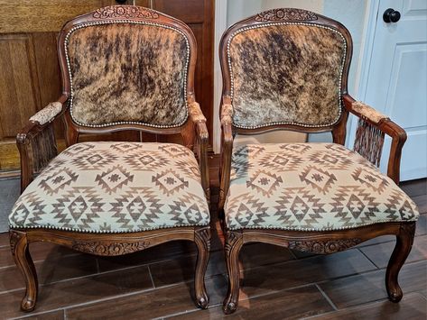 Wood Refurbishing, Western Chairs, Western Chair, Cowhide Decor, Camp Cabin, Ranch Furniture, Cowhide Furniture, Ranch House Decor, Adobe Home