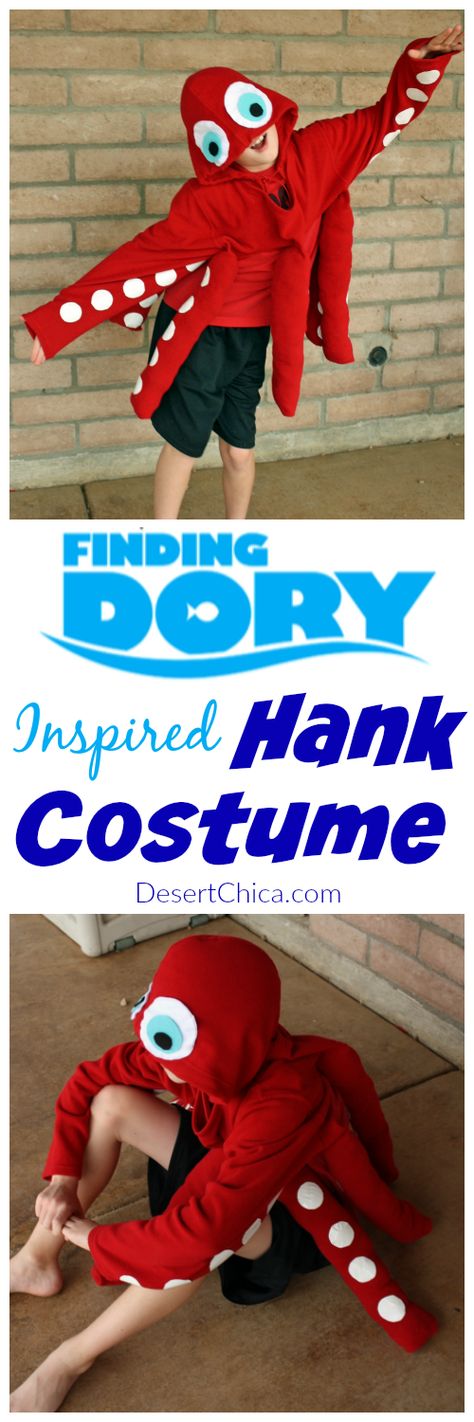 Hank the Octopus Finding Dory Costume is an easy DIY Halloween costume: an easy Octopus costume idea using a sweatshirt, felt and duct tape. Duct Tape costume |Sweatshirt costume | Ocean costume Finding Dory Costume Diy, Finding Dory Costume, Ocean Costume, Dory Costume, Sweatshirt Dress Diy, Octopus Party, Dolphin Costume, Octopus Costume, Dory Party