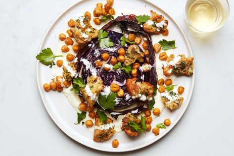 Roasted Cabbage Steaks With Crispy Chickpeas and Herby Croutons recipe | Epicurious.com Salad Cabbage, Cabbage Steaks Recipe, Roasted Cabbage Steaks, Croutons Recipe, Cabbage Steaks, Roasted Cabbage, Crispy Chickpeas, Cabbage Recipes, Food Articles