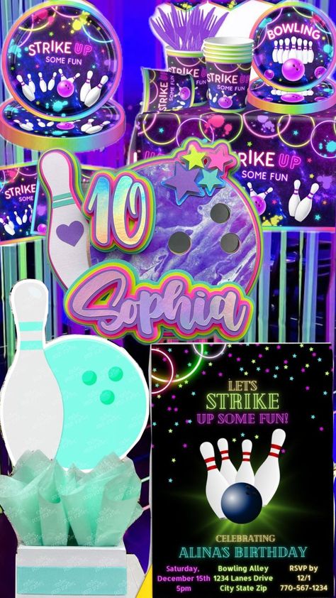 Glow Bowling Party #neon #glow #bowling Bowling Themed Birthday Party, Glow Bowling, Fun Bowling, Party Neon, Bowling Party, Birthday Party Theme Decorations, Bowling Alley, Neon Glow, Party Girl