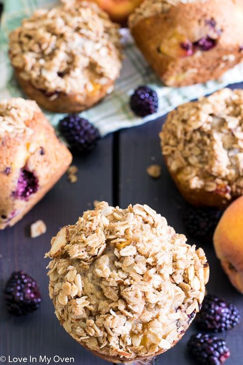 Moist and tender jumbo muffins with a buttery, crunchy streusel topping and studded with chunks of juicy summer fruit! Peach Blackberry Muffins, Blackberry Peach, Blackberry Muffins, Blackberry Muffin, Fruit Muffins, Peach Muffins, Jumbo Muffins, Bakery Style Muffins, Muffins Recipes