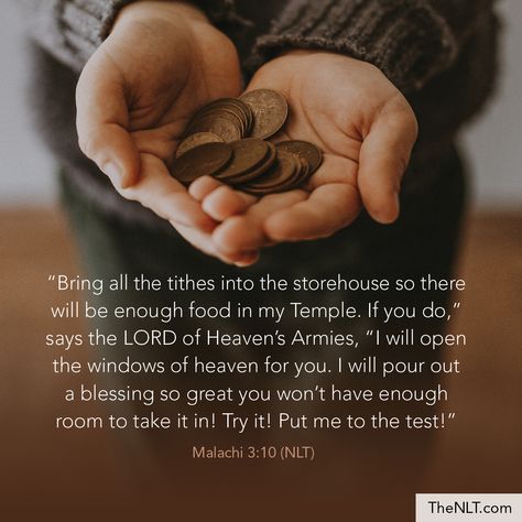 "'Bring all the tithes into the storehouse so there will be enough food in my Temple. If you do,' says the Lord of Heaven’s Armies, 'I will open the windows of heaven for you. I will pour out a blessing so great you won’t have enough room to take it in! Try it! Put me to the test!'" Malachi 3:10, NLT  #NewLivingTranslation #NLTBible #Bibleverse #Bibleverses #Biblestory #Biblestories #Bibleversesdaily #Bibleversedaily #Biblequote365 #Biblewords #Bibledaily #Bibleverseoftheday #BibleScriptures Malachi 3 10, Prayer Room, Bible Words, Bible Stories, Verse Of The Day, Verse Quotes, Bible Verses Quotes, Bible Scriptures, A Blessing