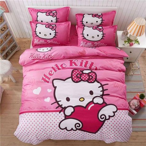 Hello Kitty Cartoon Bedding Set for Kids (4 Pcs) Hello Kitty Sheets, Hello Kitty Bedsheets, Hello Kitty Bed Set, Hello Kitty Home, Colorful Bedding Sets, Hello Kitty Bedroom, Hello Kitty Bed, Hello Kitty House, 3d Bedding