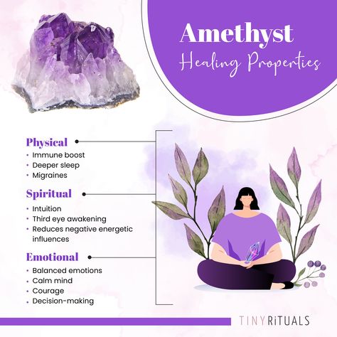 Amethyst Meaning: Healing Properties & Uses // Tiny Rituals Third Eye Awakening, Amethyst Healing Properties, Crystals Healing Properties, Amethyst Healing, Crystal Healing Stones, Spiritual Meaning, Spiritual Awareness, Pink Amethyst, Chakra Crystals