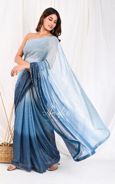 Blue Ombre Cocktail Saree Cocktail Saree, Drape Sarees, Sequence Blouse, Buy Designer Sarees Online, Mirror Work Blouse, Modern Saree, Blouse Saree, Designer Sarees Online, Blue Saree