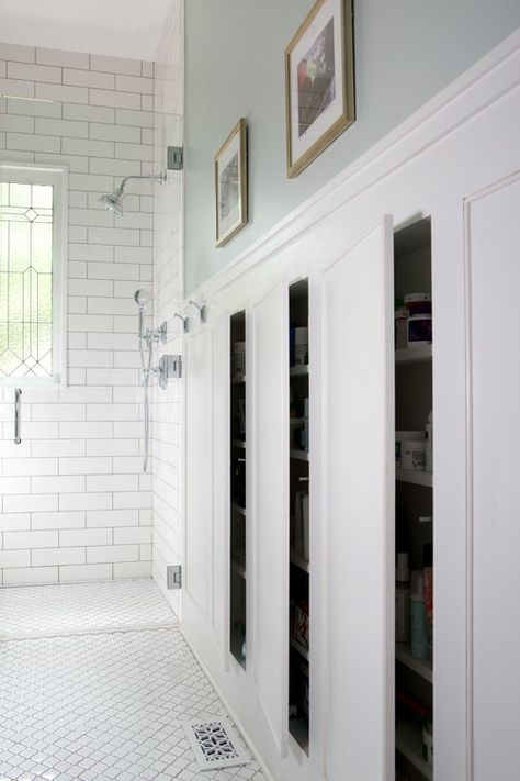 Hidden Small Bathroom Storage, Wainscoting Hidden Storage, Timeless Bathroom Remodel Ideas, Vanity Under Window Bathroom, Between Studs Bathroom Storage, Corner Storage Bathroom, Small Bathroom No Storage, Recessed Bathroom Storage, Between The Studs Storage Bathroom