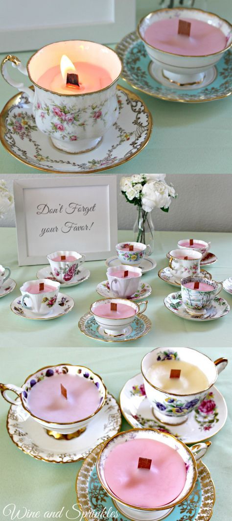 There is nothing that adds a fun vintage flair to a shower quite like these DIY teacup candles. And they are so versatile! I will be using them for a Beauty and the Beast themed bridal shower, but they could just as easily be used for a tea party, Jane Austen Shower, or Mother’s Day Brunch! Flower Tea Party Decorations, Tea Party Themed Brunch, Modern Tea Party Decor, Simple Tea Party Ideas Table Settings, Tea Cup Bridal Shower Favors, How To Open A Tea Room, Tea Pot Centerpiece Bridal Showers, Tea Pot Centerpieces Table Decorations, Tea Party Bridal Shower Balloon Arch