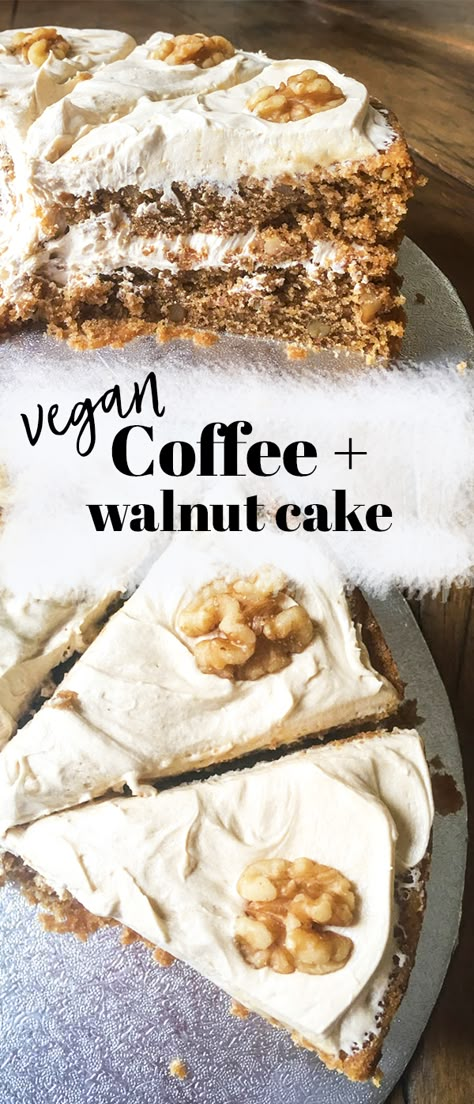 Vegan Walnut Cake, Vegan Coffee And Walnut Cake, Vegan Walnut Recipes, Vegan Sponge Cake, Coffee Buttercream Frosting, Coffee Walnut Cake, Plant Plate, Coffee And Walnut Cake, Vegan Coffee