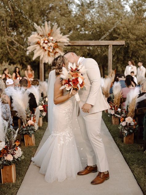 Pampass Grass Ceremony Decor, Burnt Orange and Dusty Rose Wedding Pallette, Ceremony Kiss, Aisle Kiss, Oklahoma Wedding Photographer, Fall Wedding Orange And Dusty Rose Wedding, Wedding Decor Burnt Orange, Ceremony Kiss, Boho Ceremony, Orange Wedding Decorations, Burnt Orange Weddings, Dusty Rose Wedding, Oklahoma Wedding, Ceremony Decor