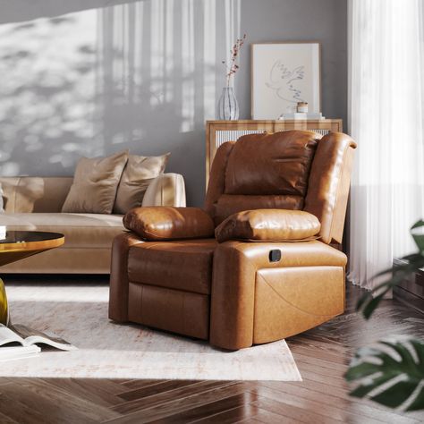 Buy Emma + Oliver Series Cognac Faux Leather Recliner at Walmart.com Brown Recliner, Reclining Furniture, Contemporary Living Spaces, Leather Recliner, Casual Design, Plush Pillow, Contemporary Living, Big Screen, Plush Pillows