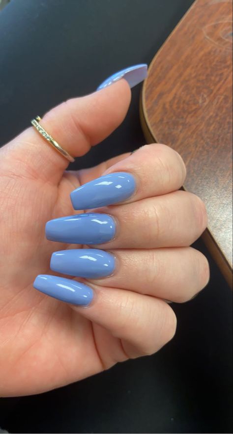 medium length, coffin, baby blue nails Blue Medium Nails, Medium Blue Nails, Medium Length Coffin Acrylic Nails, Plain Blue Nails, Medium Coffin Nail Ideas, Nail Inspo Medium Length, Blue Nails Square, Eminem Daughter, Purple And Pink Nails