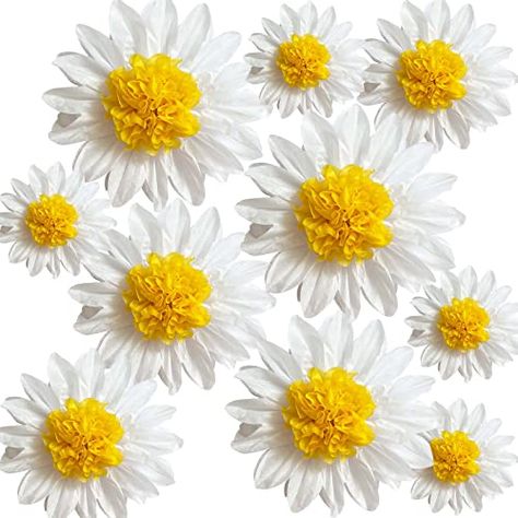 Tissue Paper Pom Poms Decoration, Party Decorations White, Sunflower Paper Flowers, Flower Party Decorations, Daisy Decorations, White Yellow Flowers, Paper Flower Ball, Daisy Party, Paper Party Decorations