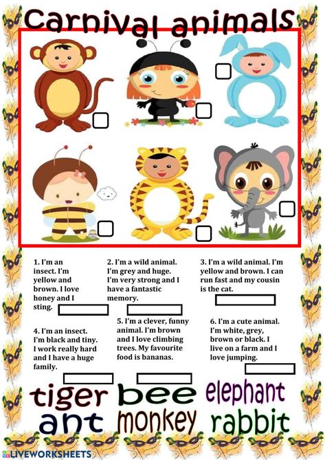 Carnival Animals, Easter Math Worksheets, Animals Worksheet, Animal Quiz, Carnival Of The Animals, Animal Worksheets, English Worksheet, Esl Lesson Plans, Reasoning Skills