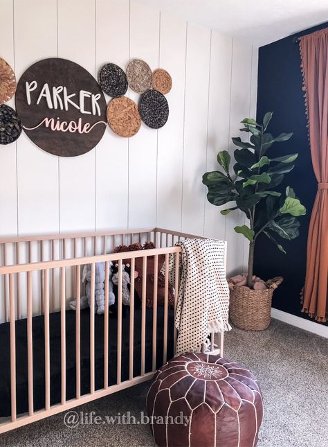 Nursery Ideas Boho Modern Bohemian, Black Boho Nursery, Boho Themed Nursery, Modern Boho Nursery, Modern Girl Nursery, Boho Baby Room, Nursery Tour, Black Accent Walls, Boho Baby Girl