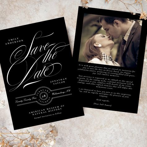 Classic Black Tie Elegant Calligraphy Photo Save The Date Romantic Wine, Photo Save The Date, Elegant Calligraphy, Black Tie Wedding, Formal Invitation, Wedding Save The Date, Save The Date Invitations, Vineyard Wedding, Wedding Saving