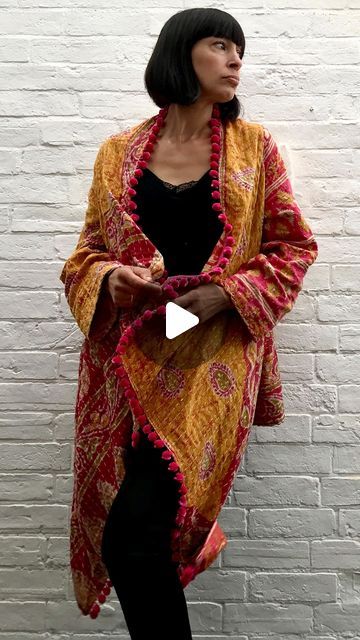 Hapitat on Instagram: "SOLD.  I’ve just finished making another Kantha coat made from a gorgeous vintage Kantha quilt, I’m so in love with this one, I’m reluctant to sell it, the colours are the same inside and out, yellows and reds, but the patterns are different. I’ve used pink pompoms like the last one I made. It’s up on my Etsy now. Link in bio #KanthaCoat #Slouchycoat #DusterCoat #FestivalOutfit #IndianCoat #Ethnic #Hippy #Boho #FestivalCostume #IndianPrint #Pom-Pom" Kantha Coat, Indian Prints, Festival Costumes, Vintage Kantha Quilts, Vintage Kantha, So In Love, Kantha Quilt, I Made It, Festival Outfit