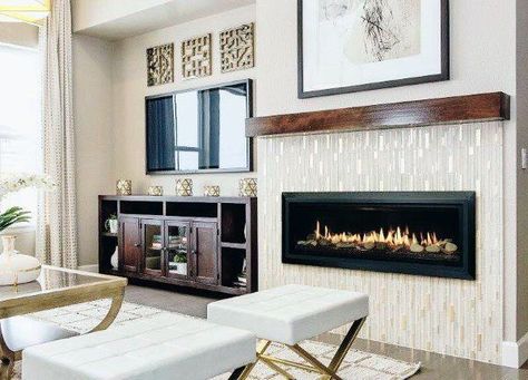 Linear fireplace with tile surround Contemporary Gas Fireplace, Recessed Electric Fireplace, Direct Vent Gas Fireplace, Linear Fireplace, Fire Pit Furniture, Contemporary Fireplace, Room Deco, Fireplace Ideas, Modern Houses Interior