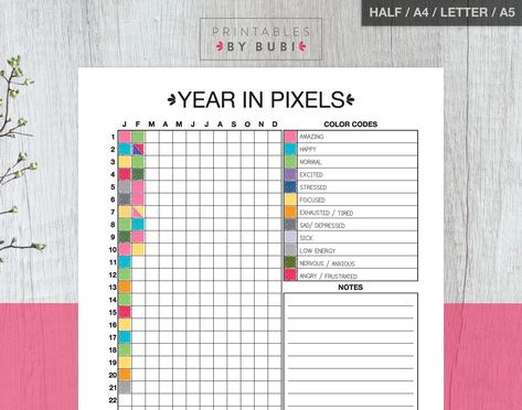 Mood Tracker Year, Year In Pixels Bullet Journal, Mood Color Chart, Mood Chart, Mood Diary, Year In Pixels, Bulletin Journal, Bullet Journal Mood Tracker Ideas, Daily Mood