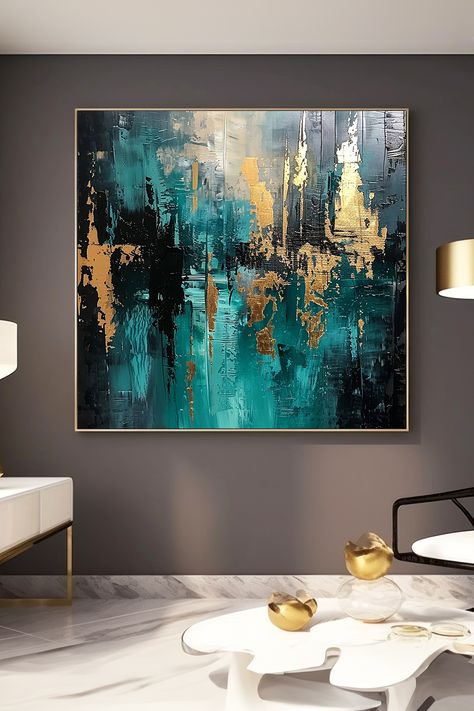 Original handmade abstract painting featuring teal and gold colors with textured brushstrokes on canvas Teal And Gold Artwork, Gold Abstract Painting, Modern Art Decor, Teal And Gold, Handmade Artwork, Rich Textures, Modern Art, Modern House, Abstract Painting