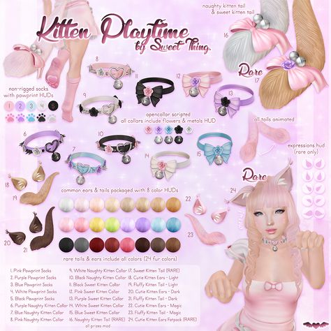 Sweet Thing - Kitten Playtime - L$75 per play - Just want a matching set of ears and tail, will probably yardsale it Sims 4 Collar Cc, The Sims 4 Skin, Sims 4 Anime, Socks Collection, Kitten Collar, Pet Spaces, The Sims 4 Packs, Sims 4 Cc Folder, Kitten Collars