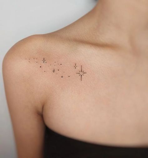 Small Tattoo Ideas On Shoulder, Stardust Tattoo Shoulder, Celestial Space Tattoo, Sparkles On Collarbone Tattoo, Shoulder Stars Tattoo, When You Wish Upon A Star Tattoo, Collarbone Star Tattoo, Star Tattoos On Shoulder, Tattoo On Back Shoulder