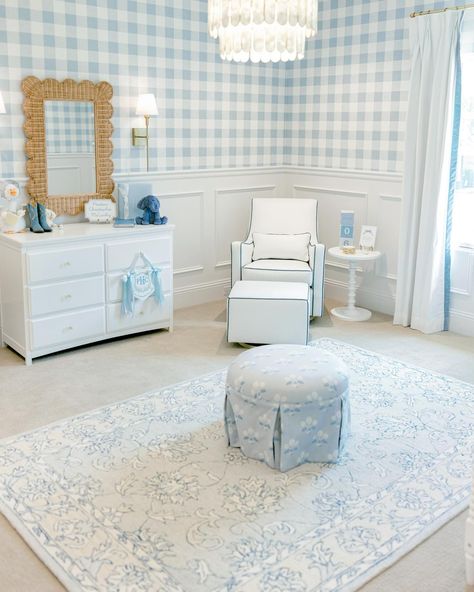 When your dream nursery comes together. This sweet baby boy’s room features our Luca Glider and Ottoman in our Performance Microfibre White with Denim Blue Piping, both with a gold swivel base. We love the pop of blue 🩵 #montedesign Classic Blue Nursery, Blue Trim Nursery, Traditional Blue And White Nursery, Blue And White Gingham Nursery, Blue And White Nursery Girl, Baby Blue Boy Nursery, Light Blue Boy Nursery, Blue And Green Nursery Boy, Baby Blue Nursery Boy