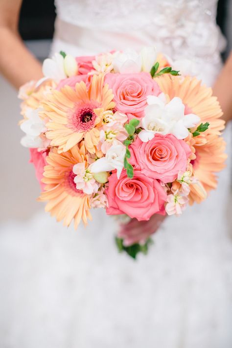 Breathtaking Wedding Bouquet: Cheerful pink rose and coral gerbera bouquet. Click to blog for more gorgeous bouquet ideas. http://www.confettidaydreams.com/breathtaking-wedding-bouquets/ Luke and Cat Photography Pink Rose Wedding Bouquet, Gerbera Bouquet, Chrysanthemum Bouquet, Peach Wedding Flowers, Bride's Bouquet, Summer Wedding Bouquets, Pink Rose Bouquet, Wedding Bouquets Pink, Rose Wedding Bouquet