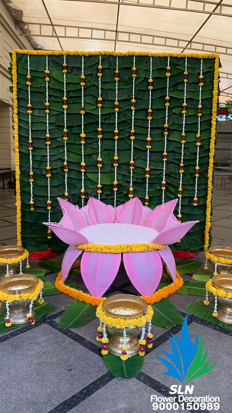 Lotus Decoration Ideas Wedding, Decoration Ideas For Haldi, Leaf Decoration Ideas, Haldi Celebration, Mangala Snanam, Lotus Chair, Flower Decoration For Ganpati, Banana Leaf Decor, Ganesh Decoration