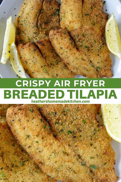 Crispy Air Fryer Breaded Tilapia is a quick and easy dinner recipe made with simple pantry staples. A healthy dinner idea that is crispy, flakey and completely delicious. Tilapia Breaded Recipes, Breaded Tilapia Recipes Air Fryer, Air Fryer Talipia Recipes, Talipia Recipes Airfryer, Breaded Tilapia Recipes, Tilapia Recipes Air Fryer, Breaded Fish Recipes, Tilapia Air Fryer Recipes, Air Fryer Tilapia