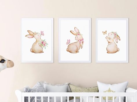 Bunny Nursery Set of 3 Wall Art Cute Bunny Print Girls - Etsy Bunny Rabbit Nursery, Wall Art Girls Bedroom, Bunny Wall Art, Bunny Watercolor, Rabbit Nursery, Bunny Nursery, Bunny Painting, Watercolor Nursery, Motivation Poster