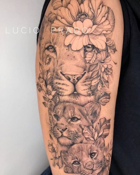 Lioness And Cub Tattoo, Dark Disney Tattoo, Back Of Leg Tattoos, Cubs Tattoo, Mom Tattoo Designs, Mommy Tattoos, Blackout Tattoo, Lion Tattoo Design, Shoulder Tattoos For Women